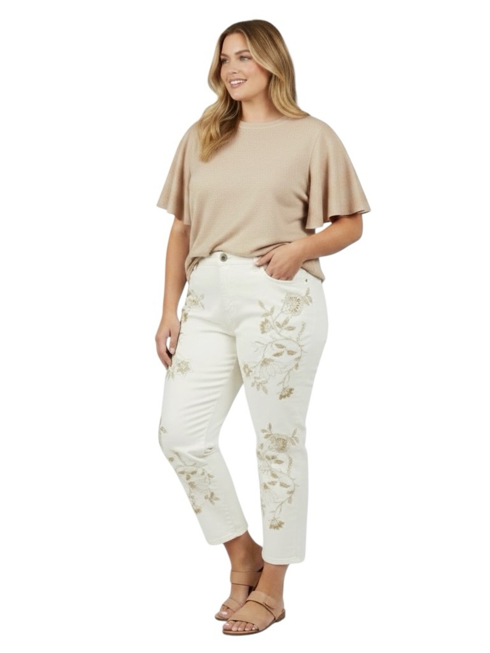Anthropologie Pilcro White Slim Boyfriend Jeans with Taupe Floral Embroidery 20W